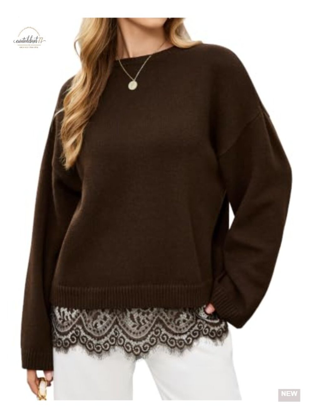 Lace Trim Sweater Long Sleeve Loose Elegant Knit Pullover